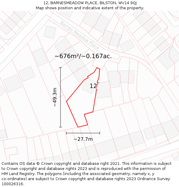 12, BARNESMEADOW PLACE, BILSTON, WV14 9QJ: Plot and title map