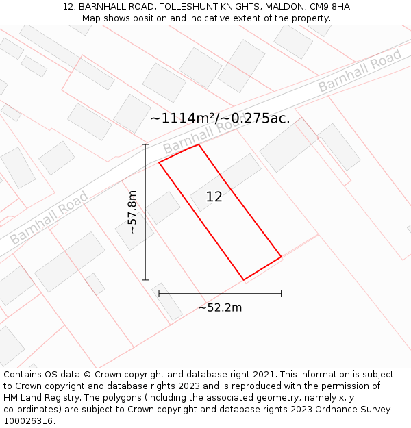 12, BARNHALL ROAD, TOLLESHUNT KNIGHTS, MALDON, CM9 8HA: Plot and title map