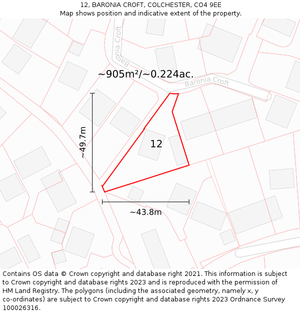 12, BARONIA CROFT, COLCHESTER, CO4 9EE: Plot and title map