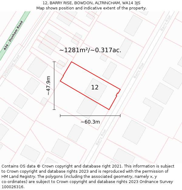 12, BARRY RISE, BOWDON, ALTRINCHAM, WA14 3JS: Plot and title map