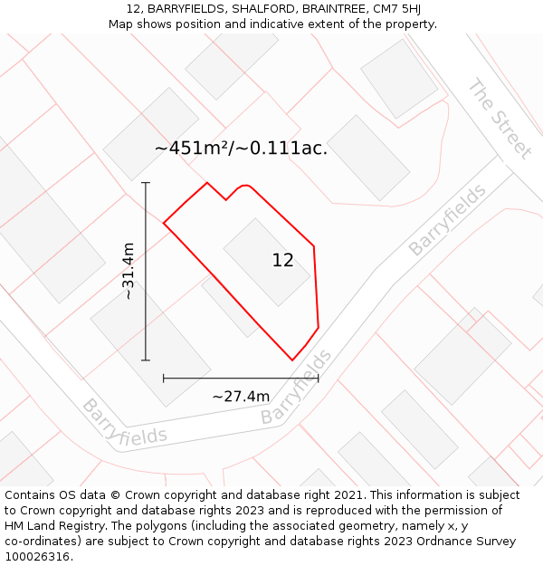 12, BARRYFIELDS, SHALFORD, BRAINTREE, CM7 5HJ: Plot and title map