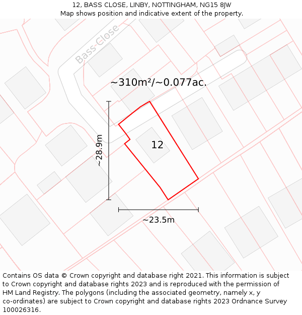 12, BASS CLOSE, LINBY, NOTTINGHAM, NG15 8JW: Plot and title map