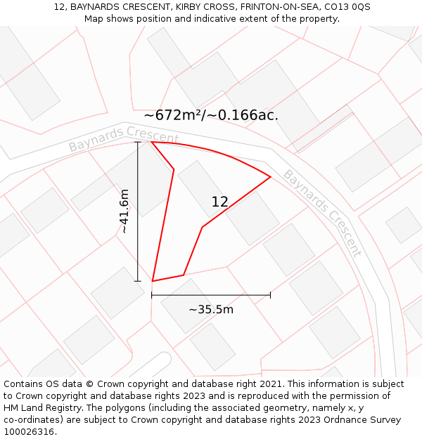 12, BAYNARDS CRESCENT, KIRBY CROSS, FRINTON-ON-SEA, CO13 0QS: Plot and title map