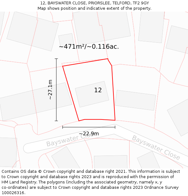 12, BAYSWATER CLOSE, PRIORSLEE, TELFORD, TF2 9GY: Plot and title map