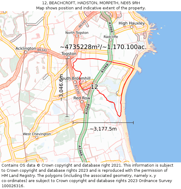 12, BEACHCROFT, HADSTON, MORPETH, NE65 9RH: Plot and title map