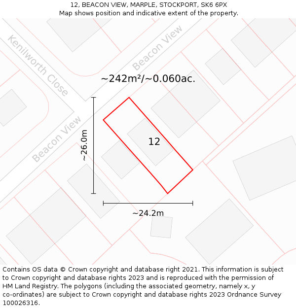 12, BEACON VIEW, MARPLE, STOCKPORT, SK6 6PX: Plot and title map