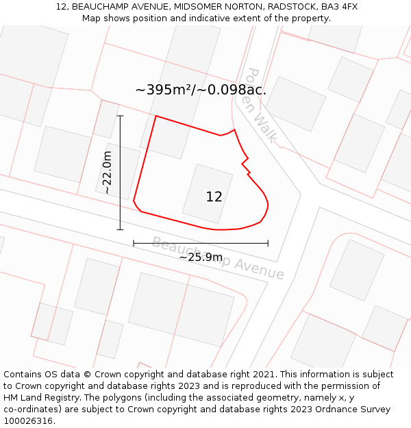 12, BEAUCHAMP AVENUE, MIDSOMER NORTON, RADSTOCK, BA3 4FX: Plot and title map