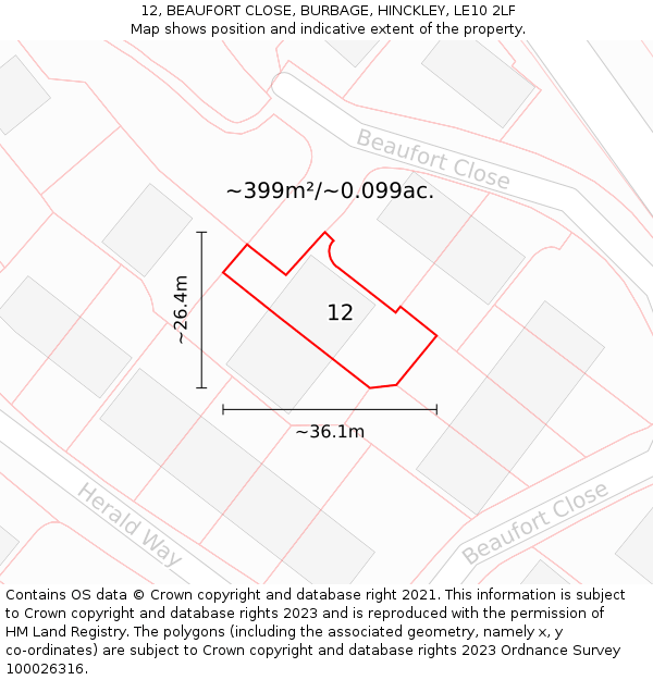 12, BEAUFORT CLOSE, BURBAGE, HINCKLEY, LE10 2LF: Plot and title map