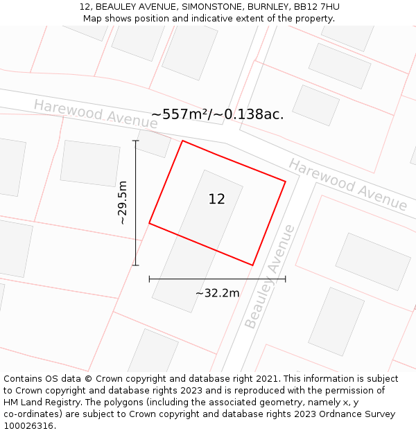 12, BEAULEY AVENUE, SIMONSTONE, BURNLEY, BB12 7HU: Plot and title map