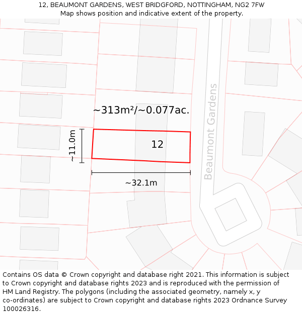 12, BEAUMONT GARDENS, WEST BRIDGFORD, NOTTINGHAM, NG2 7FW: Plot and title map