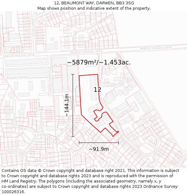 12, BEAUMONT WAY, DARWEN, BB3 3SG: Plot and title map