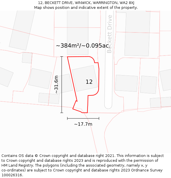 12, BECKETT DRIVE, WINWICK, WARRINGTON, WA2 8XJ: Plot and title map