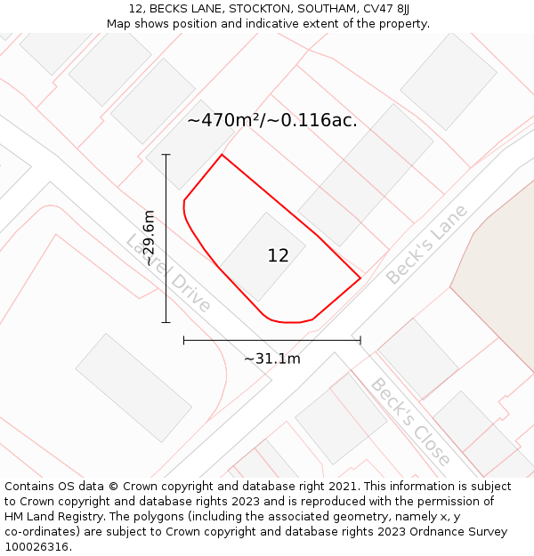 12, BECKS LANE, STOCKTON, SOUTHAM, CV47 8JJ: Plot and title map