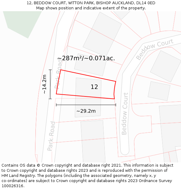 12, BEDDOW COURT, WITTON PARK, BISHOP AUCKLAND, DL14 0ED: Plot and title map