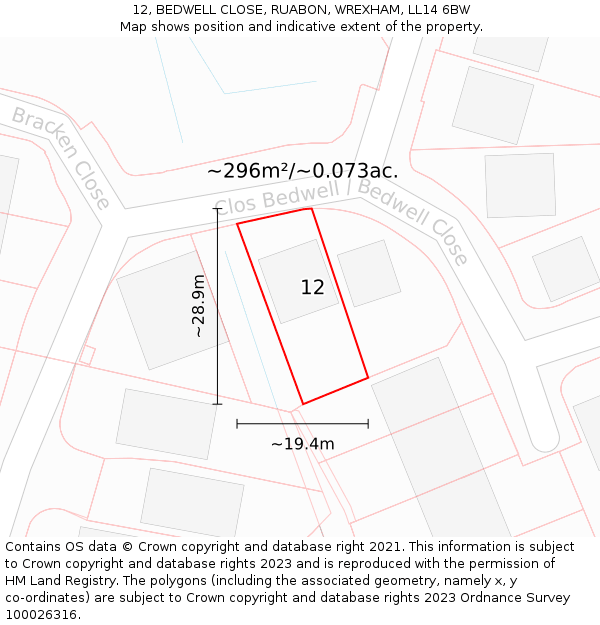 12, BEDWELL CLOSE, RUABON, WREXHAM, LL14 6BW: Plot and title map