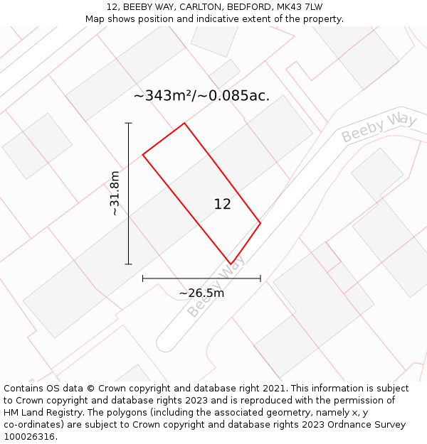 12, BEEBY WAY, CARLTON, BEDFORD, MK43 7LW: Plot and title map