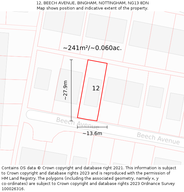 12, BEECH AVENUE, BINGHAM, NOTTINGHAM, NG13 8DN: Plot and title map