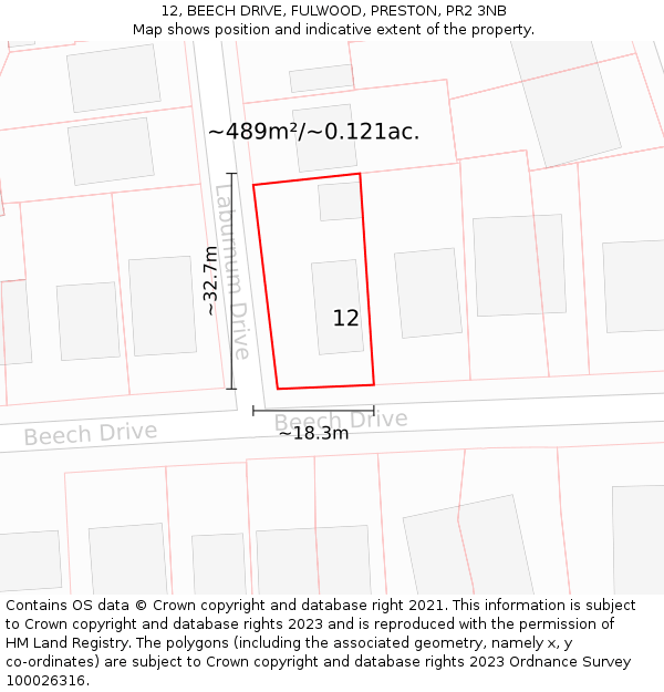 12, BEECH DRIVE, FULWOOD, PRESTON, PR2 3NB: Plot and title map