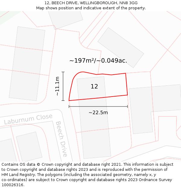 12, BEECH DRIVE, WELLINGBOROUGH, NN8 3GG: Plot and title map