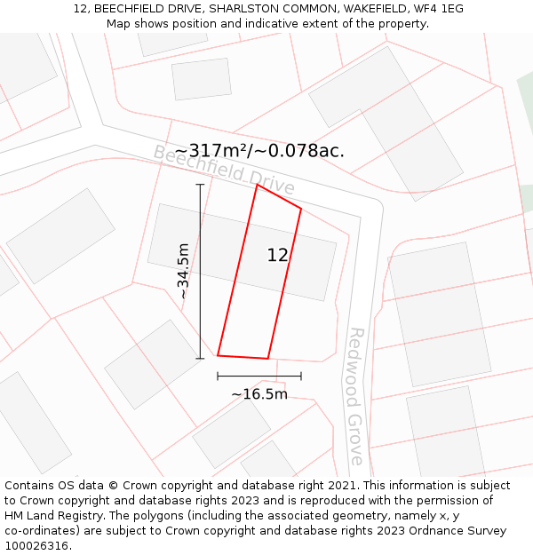 12, BEECHFIELD DRIVE, SHARLSTON COMMON, WAKEFIELD, WF4 1EG: Plot and title map