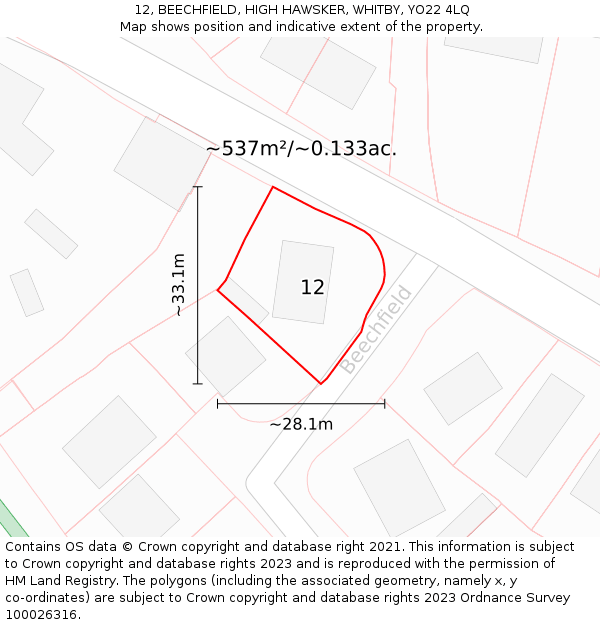 12, BEECHFIELD, HIGH HAWSKER, WHITBY, YO22 4LQ: Plot and title map