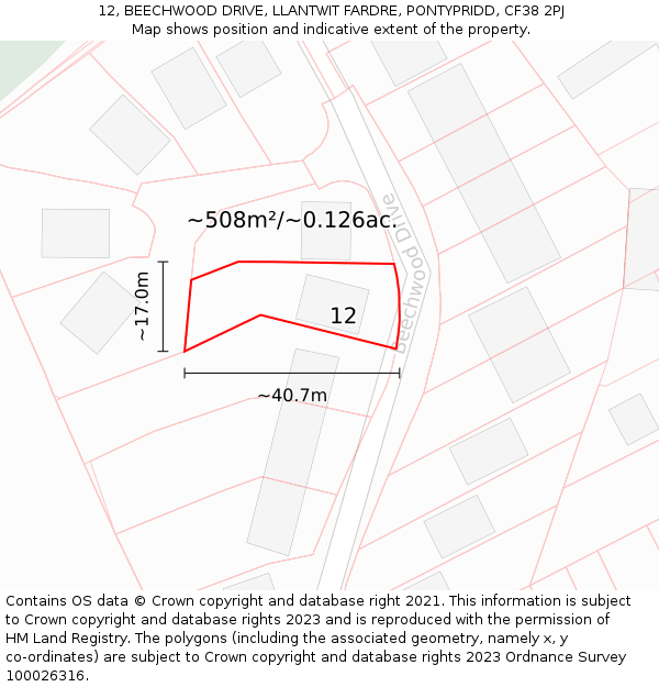 12, BEECHWOOD DRIVE, LLANTWIT FARDRE, PONTYPRIDD, CF38 2PJ: Plot and title map