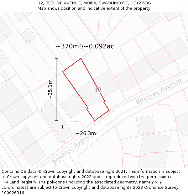 12, BEEHIVE AVENUE, MOIRA, SWADLINCOTE, DE12 6DG: Plot and title map