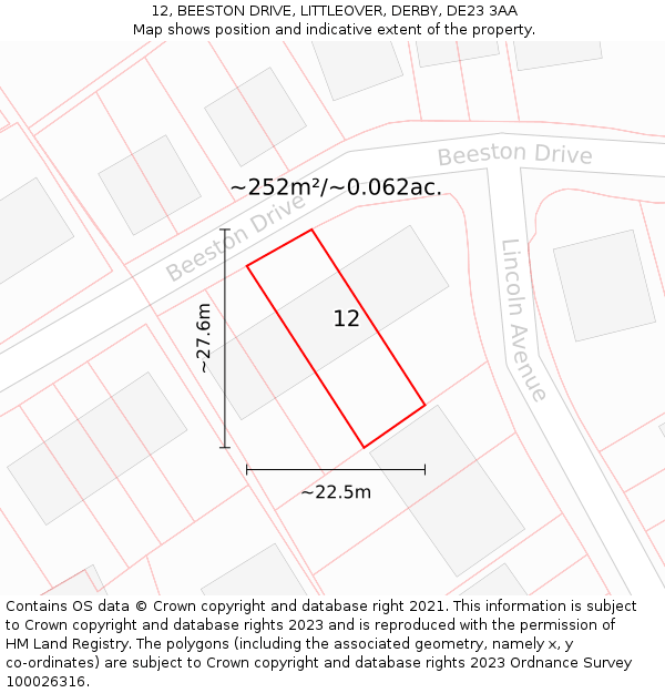 12, BEESTON DRIVE, LITTLEOVER, DERBY, DE23 3AA: Plot and title map