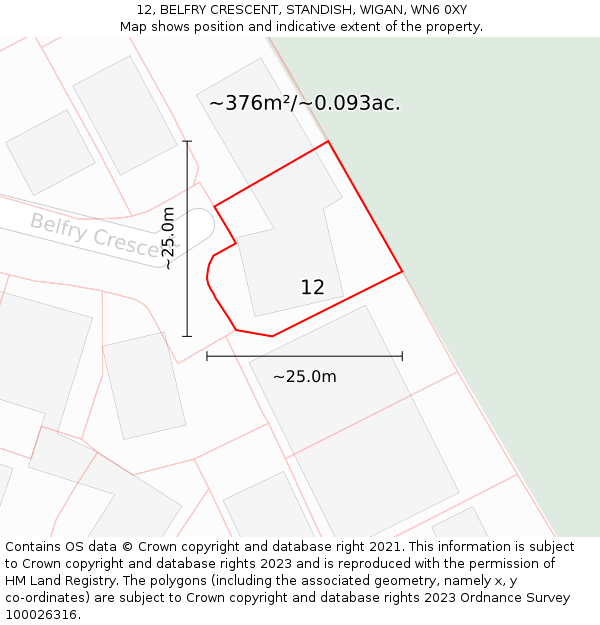 12, BELFRY CRESCENT, STANDISH, WIGAN, WN6 0XY: Plot and title map