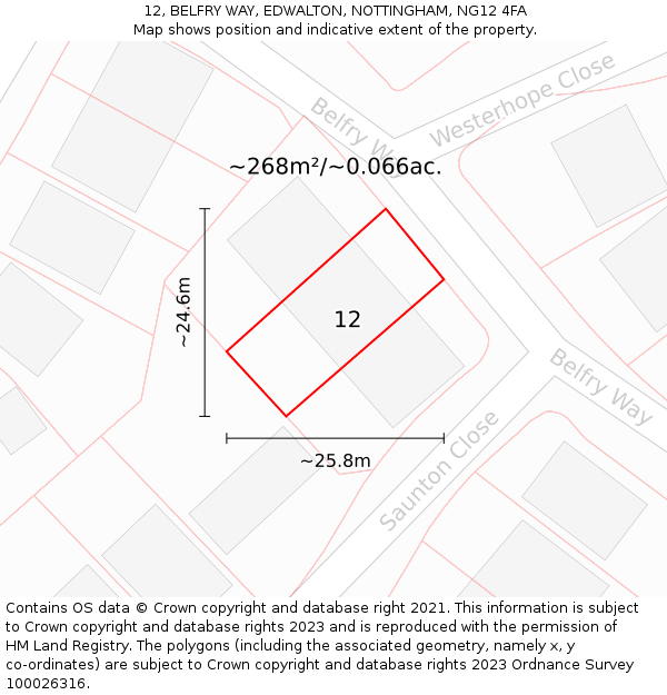 12, BELFRY WAY, EDWALTON, NOTTINGHAM, NG12 4FA: Plot and title map