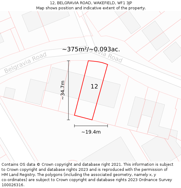 12, BELGRAVIA ROAD, WAKEFIELD, WF1 3JP: Plot and title map