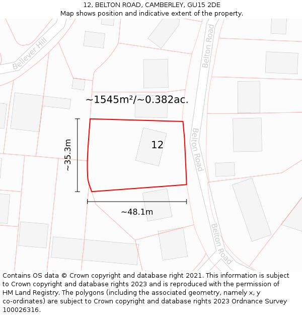 12, BELTON ROAD, CAMBERLEY, GU15 2DE: Plot and title map