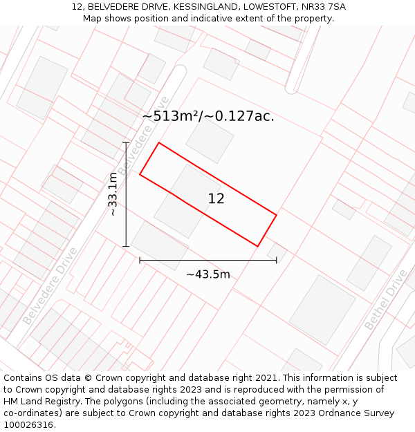 12, BELVEDERE DRIVE, KESSINGLAND, LOWESTOFT, NR33 7SA: Plot and title map