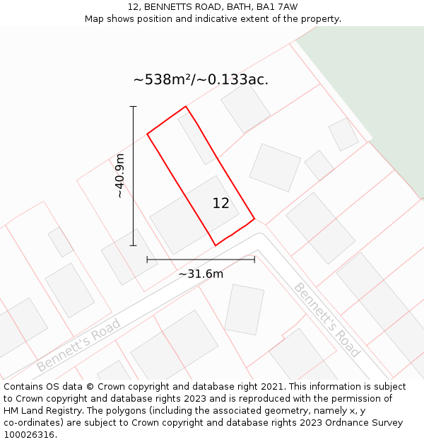 12, BENNETTS ROAD, BATH, BA1 7AW: Plot and title map