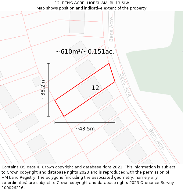 12, BENS ACRE, HORSHAM, RH13 6LW: Plot and title map