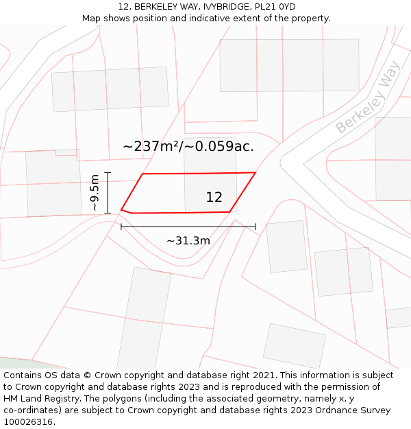 12, BERKELEY WAY, IVYBRIDGE, PL21 0YD: Plot and title map