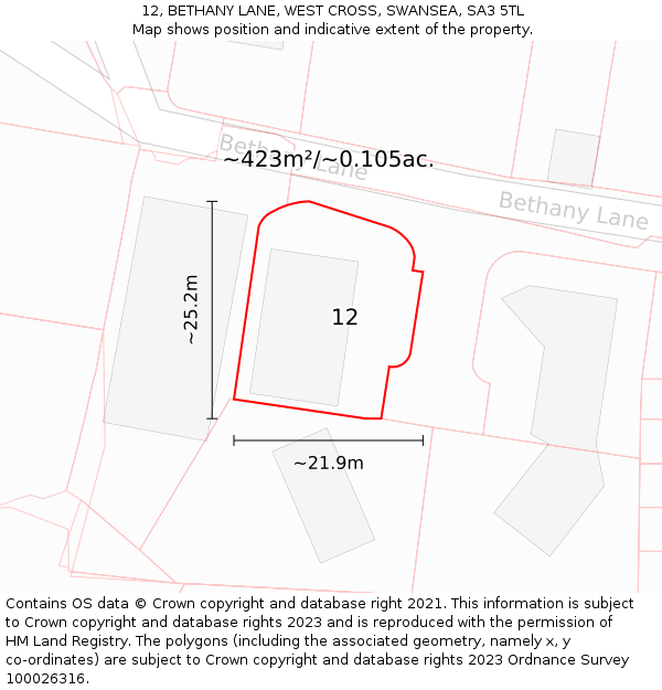 12, BETHANY LANE, WEST CROSS, SWANSEA, SA3 5TL: Plot and title map