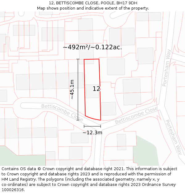 12, BETTISCOMBE CLOSE, POOLE, BH17 9DH: Plot and title map