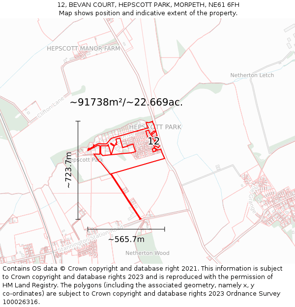 12, BEVAN COURT, HEPSCOTT PARK, MORPETH, NE61 6FH: Plot and title map