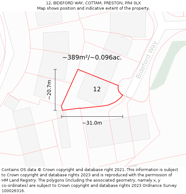 12, BIDEFORD WAY, COTTAM, PRESTON, PR4 0LX: Plot and title map