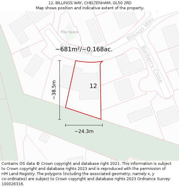 12, BILLINGS WAY, CHELTENHAM, GL50 2RD: Plot and title map