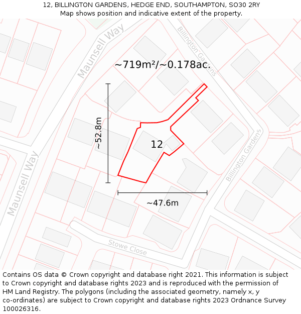 12, BILLINGTON GARDENS, HEDGE END, SOUTHAMPTON, SO30 2RY: Plot and title map