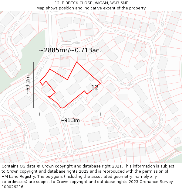 12, BIRBECK CLOSE, WIGAN, WN3 6NE: Plot and title map