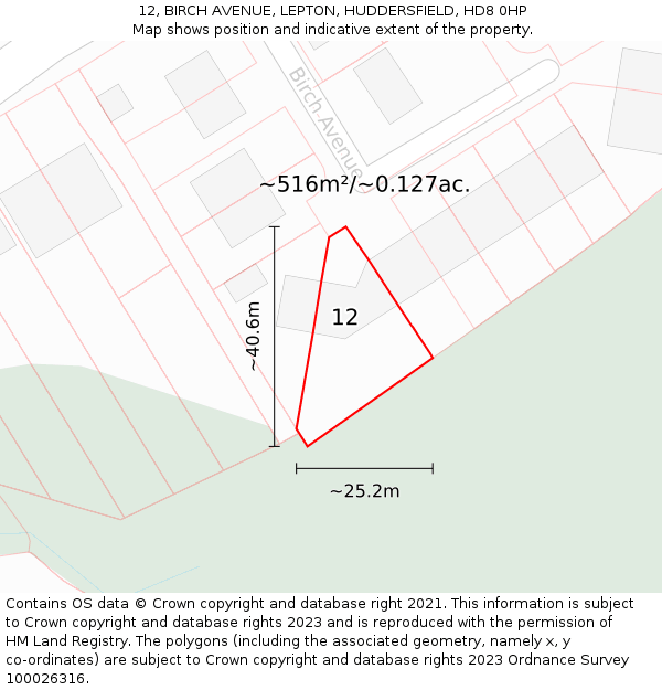 12, BIRCH AVENUE, LEPTON, HUDDERSFIELD, HD8 0HP: Plot and title map