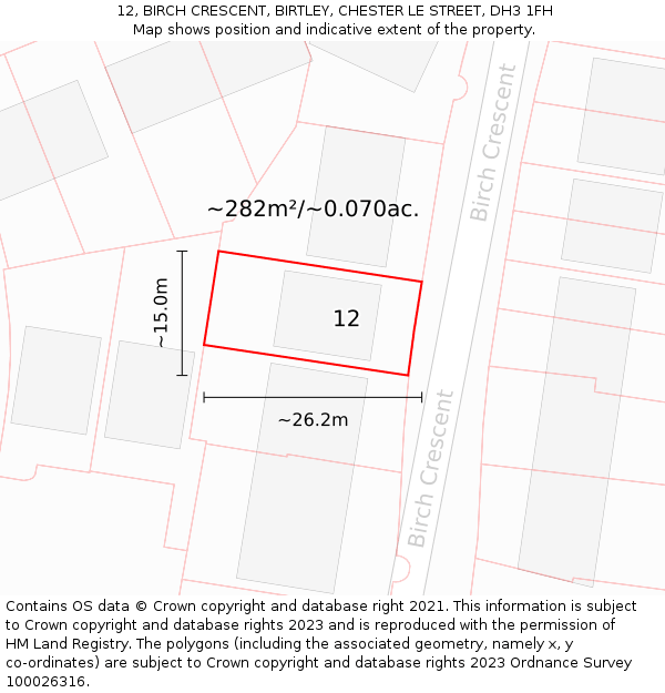 12, BIRCH CRESCENT, BIRTLEY, CHESTER LE STREET, DH3 1FH: Plot and title map