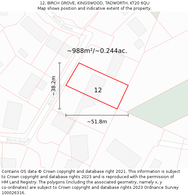 12, BIRCH GROVE, KINGSWOOD, TADWORTH, KT20 6QU: Plot and title map