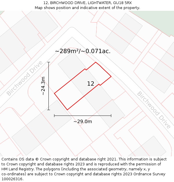 12, BIRCHWOOD DRIVE, LIGHTWATER, GU18 5RX: Plot and title map