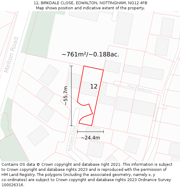 12, BIRKDALE CLOSE, EDWALTON, NOTTINGHAM, NG12 4FB: Plot and title map