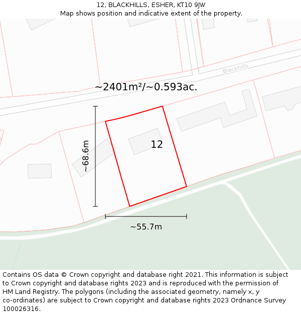 12, BLACKHILLS, ESHER, KT10 9JW: Plot and title map