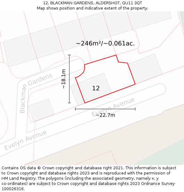 12, BLACKMAN GARDENS, ALDERSHOT, GU11 3QT: Plot and title map